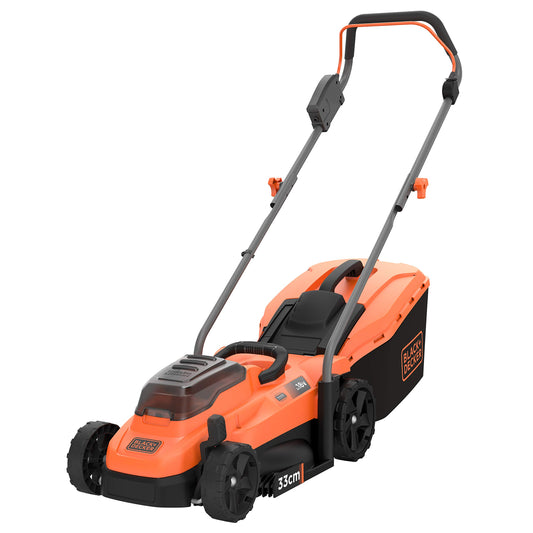 BLACK+DECKER BCMW3318N-XJ - Cortacésped eléctrico de 18V, Ancho corte de 33 cm, 5 alturas ajustables de 25 a 65 mm, Función de mulching, adecuado hasta 600m², Depósito 35L, No incluye batería/cargador
