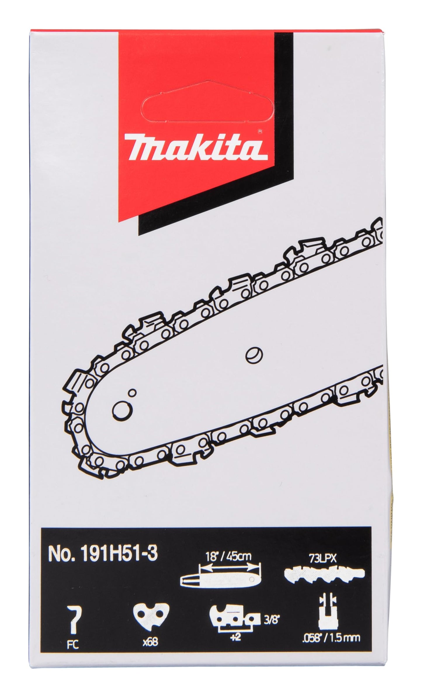 Makita 191H51-3 - Cadena de sierra 45 cm, 73LPX, 68 eslabones, 1,5 mm, 3/8", cincel completo, corte liso, baja vibración, ideal para profesionales