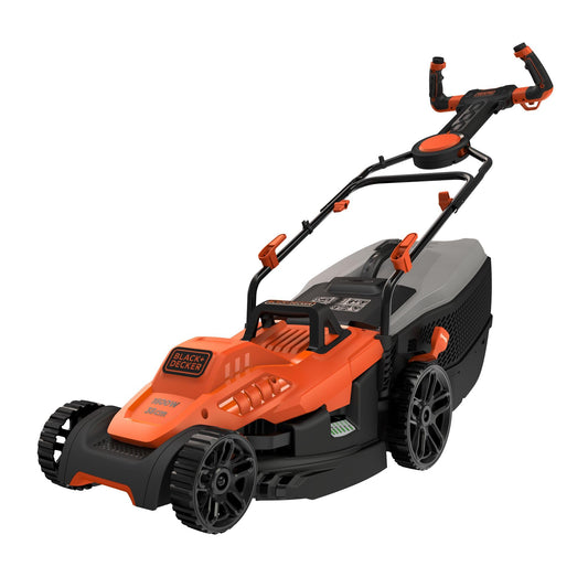 BLACK+DECKER BEMW471ES, Cortacésped eléctrico 1.600W 38 cm, Anchura de Corte de 38 cm, 6 Alturas Ajustables de Corte de 20, 30, 40, 50, 60 y 70 mm, Mango EASYSTEER de 3 Posiciones