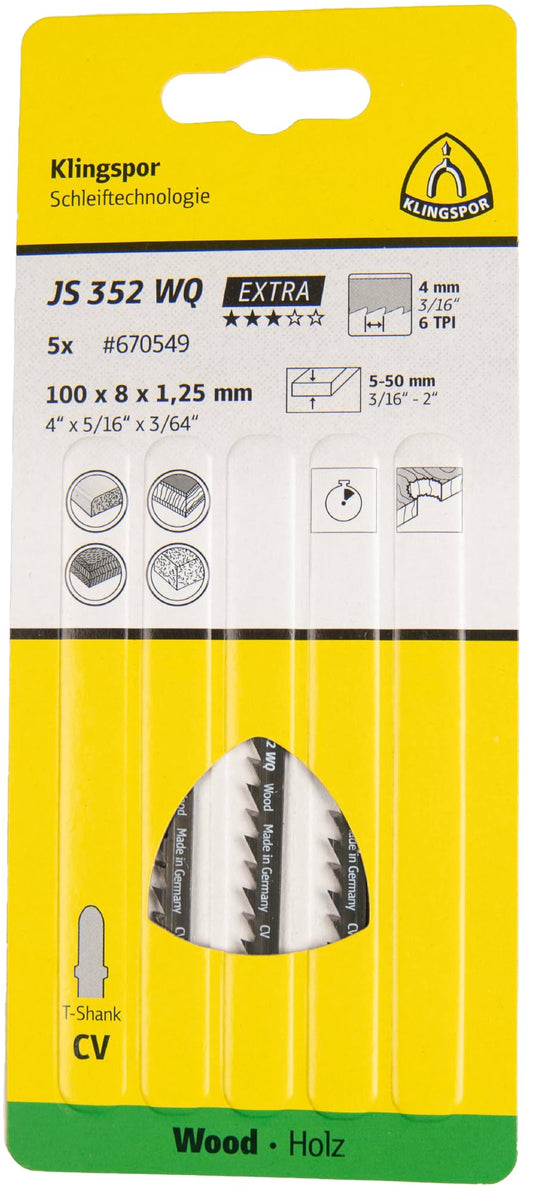 Klingspor 670549 - Hoja de sierra de calar JS 352 WQ para madera, 100 x 8 x 1,25 mm, 6 dientes por pulgada (Lote de 5 uds)