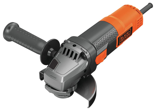 BLACK+DECKER Amoladora 115mm 900W, Velocidad 12.000 RPM, Empuñadura Lateral 3 Posiciones, Bloqueo de Eje, Ajuste de Guarda sin Llave, Protección contra Re-arranque, Aluminio, BEG210