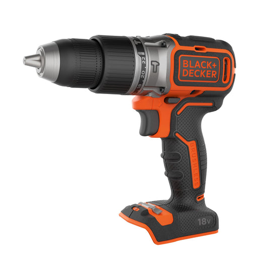 BLACK+DECKER Taladro percutor sin cable 18V, motor sin escobillas, 28,050 GPM, 52Nm, 2 velocidades para perforar madera y acero, herramienta sola, BL188N-XJ
