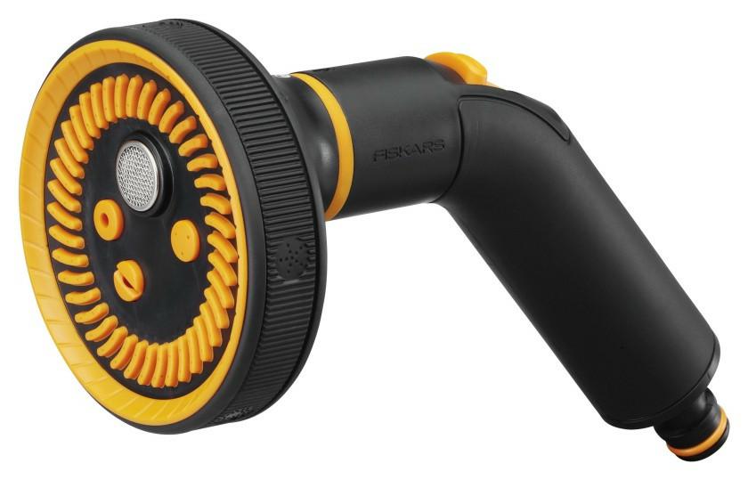 Fiskars Pistola de pulverización, 5 funciones, Patrón de pulverización infinitamente ajustable, Control de flujo accionado por el pulgar, Tamaño universal, Negro/Naranja, 1052184