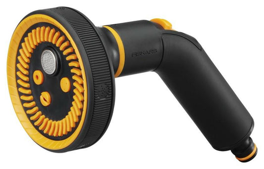 Fiskars Pistola de pulverización, 5 funciones, Patrón de pulverización infinitamente ajustable, Control de flujo accionado por el pulgar, Tamaño universal, Negro/Naranja, 1052184