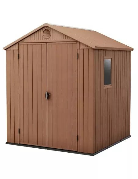 Keter Darwin - Cobertizo de Almacenamiento de jardín de Doble Puerta Apex para Exteriores, 6 x 6 pies, Color marrón Evotech+, Aspecto y Tacto de Madera, no se decolora, Resistente a Todo Tipo de
