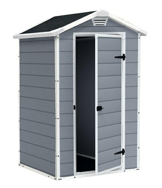 Keter Manor 4X3 - Caseta de jardín, 129x103x196 cm y 1,1m2, Suelo, Sistema de ventilación, Puerta y Ventana, Resistente al Agua, Color Gris