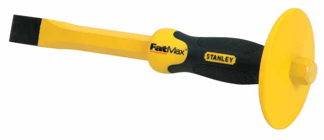 STANLEY Cincel de albañil con protector 25 x 300 mm, Acero cromo vanadio, Cabeza parabólica, Mango bimaterial, Protector de mano, Punta muy fuerte y afilada, 4-18-332