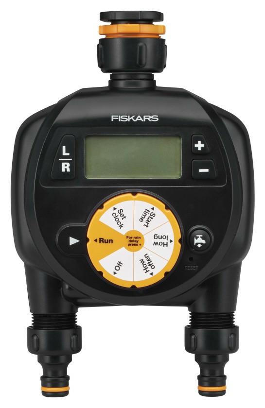 Fiskars Programador/Timer con 2 salidas, Para todos los tamaños de grifo habituales, Pantalla LCD de fácil lectura, Tamaño universal, 580 g, Negro/Naranja, 1054792