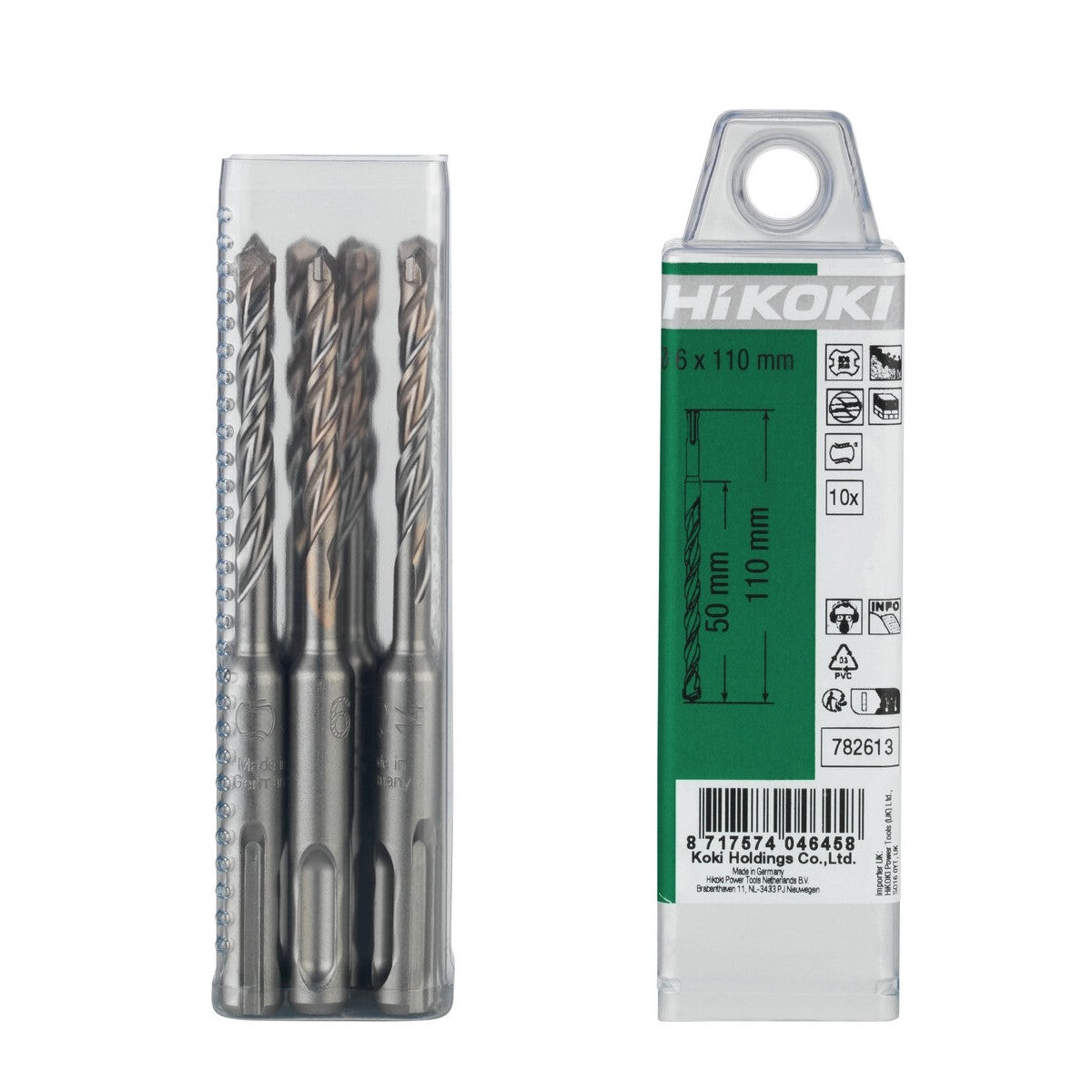 Hikoki 782613 - 10 brocas para martillo SDS-Plus 2 cortadores 6 x 50/110 mm