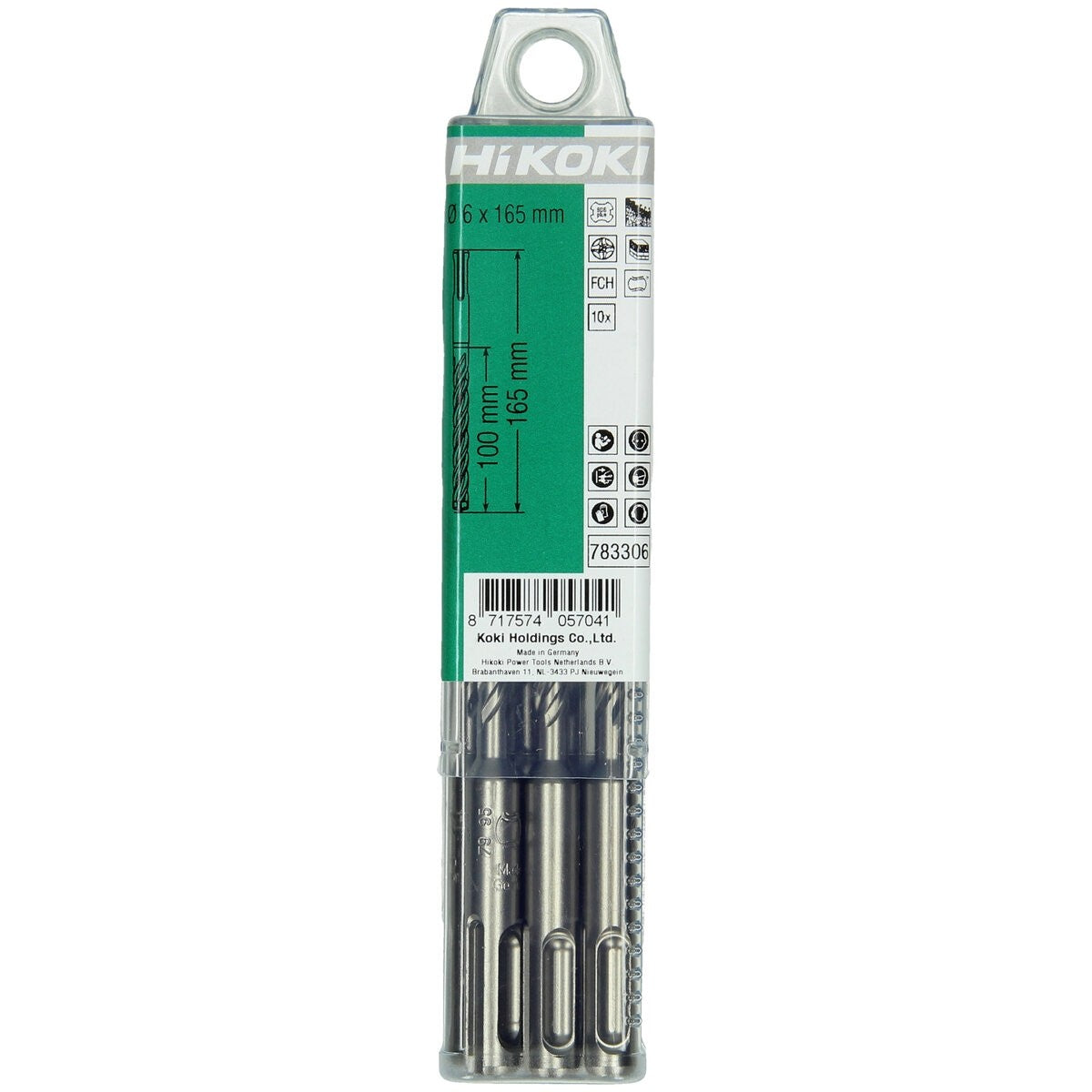 Hikoki 783306 - 10 brocas para martillo SDS-Plus con cabeza carburo (FCH) 4 cortadores 6 x 100/165 mm