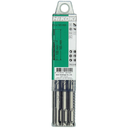 Hikoki 783306 - 10 brocas para martillo SDS-Plus con cabeza carburo (FCH) 4 cortadores 6 x 100/165 mm
