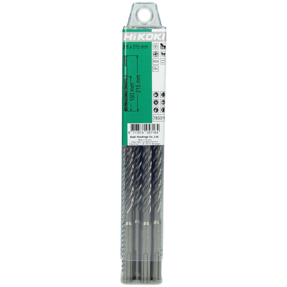 Hikoki 783317 - 10 brocas para martillo SDS-Plus con cabeza carburo (FCH) 4 cortadores 8 x 100/165 mm