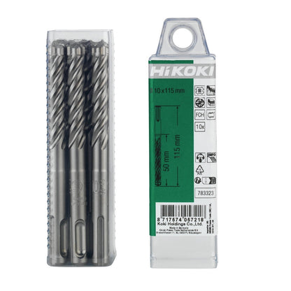 Hikoki 783324 - 10 brocas para martillo SDS-Plus con cabeza carburo (FCH) 4 cortadores 10 x 100/165 mm