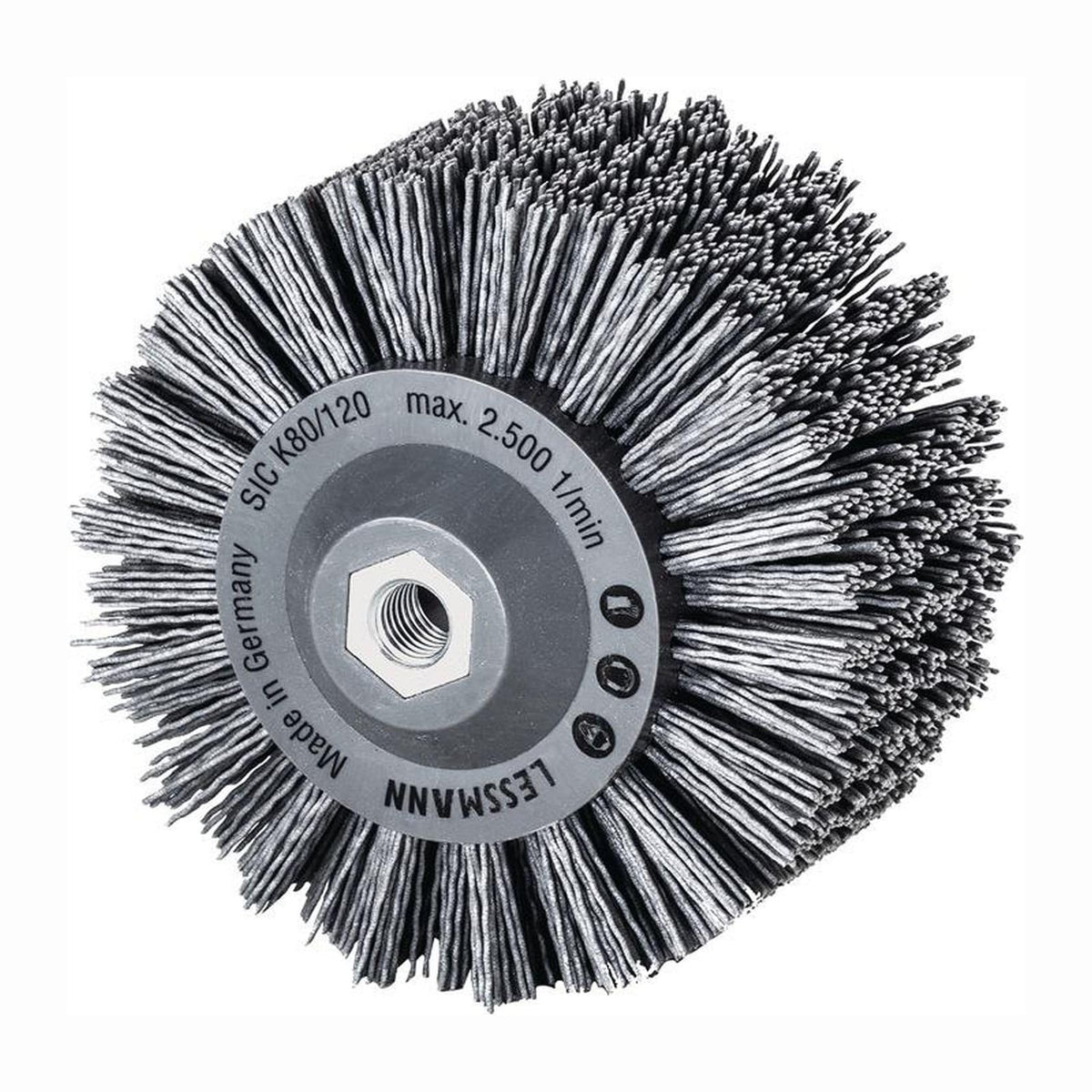 LessMann 402880 - Wheel brushes plastic body PP grey dia 140 mm 18 x 7 rows abrasive nylon SIC K 80 / 1,20 mm high 30 mm thread M 14 RPM 2500 body dia 80 x 58 mm "LESSMANN"