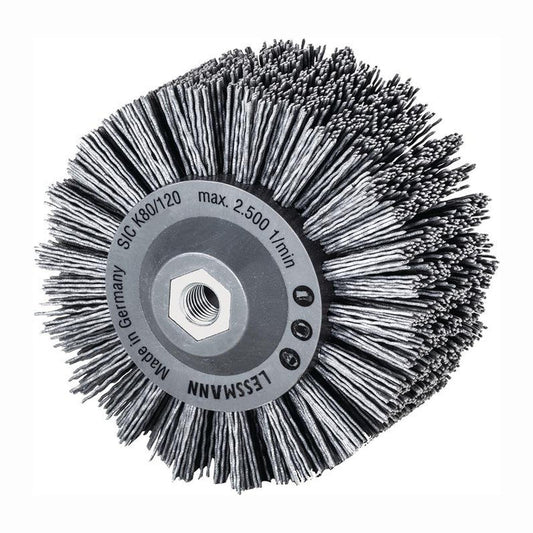 LessMann 402880 - Wheel brushes plastic body PP grey dia 140 mm 18 x 7 rows abrasive nylon SIC K 80 / 1,20 mm high 30 mm thread M 14 RPM 2500 body dia 80 x 58 mm "LESSMANN"