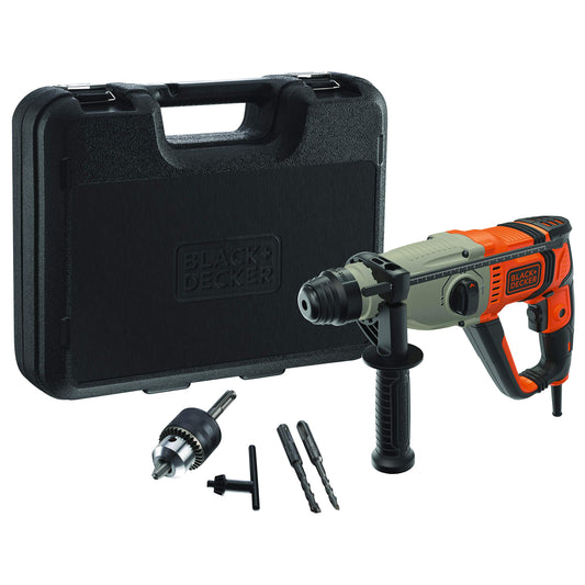 BLACK+DECKER Martillo SDS-Plus 800W, Combinados 3 Modos, 2.2J Energía Impacto, Velocidad variable 0-1200rpm, Incluye adaptador para brocas 1,5-13mm, empuñadura lateral y maletín, BEHS02K