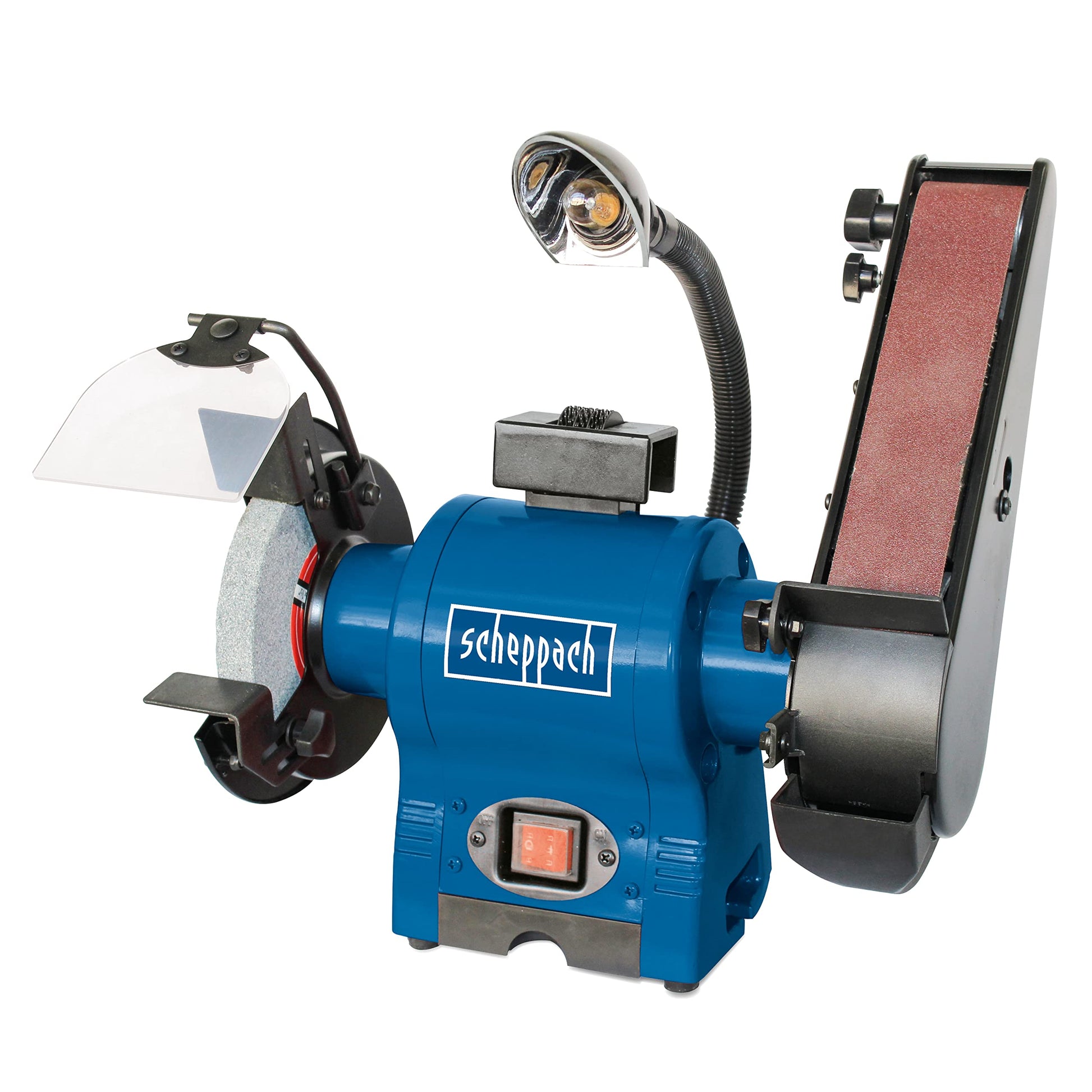 Scheppach 4903303901 - Esmeriladora de banco y banda BGS700, 250 W, Disco de 150 mm, banda de 50x686 mm