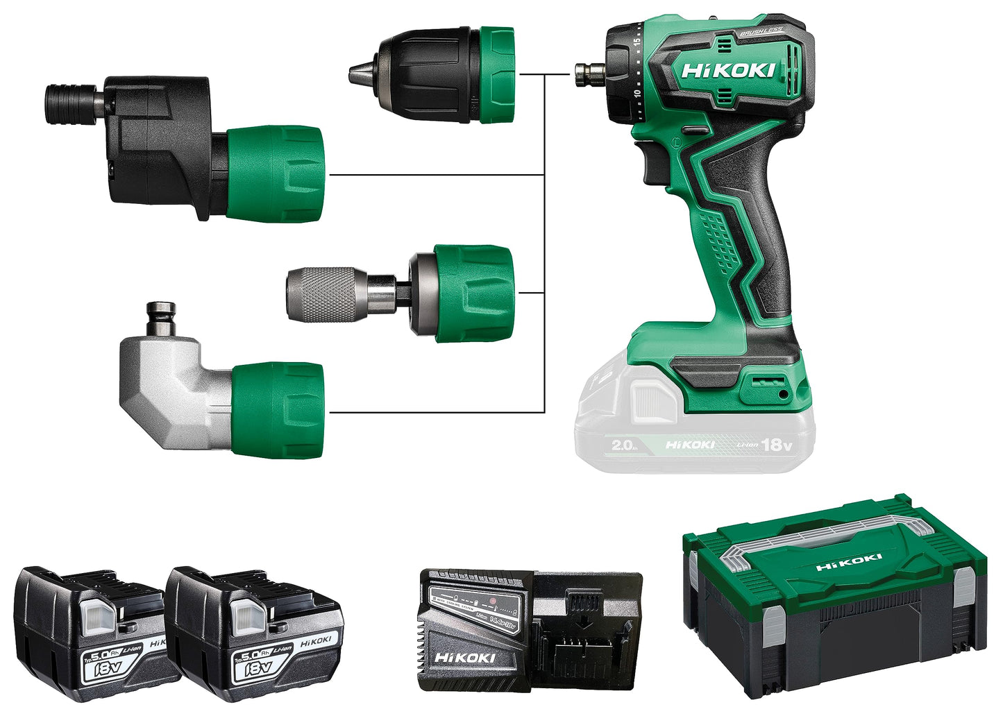 Hikoki DS18DDQWSZ - Taladro atornillador de batería 18 V DS18DDQ, 55 Nm, 2x5,0 Ah, cabezales intercambiables
