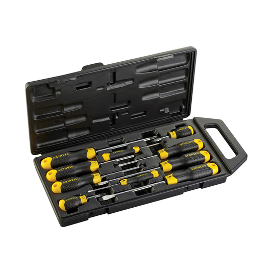 STANLEY Juego de 10 destornilladores Cushion Grip, 5 Punta Plana y 5 Phillips (para tornillos cabeza de cruz), Herramientas de Calidad para Todo Tipo de Trabajos, 2-65-005