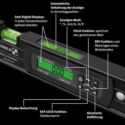 Stabila 20006 - TECH 196 Dark Shadow - Electronic spirit level (40 cm, 2 digital displays), measuring range: 0° – 360° (4 x 90°)