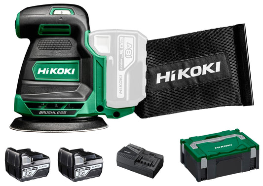 Hikoki SV1813DAWPZ - Lijadora excéntrica de batería 18 V 125 mm, 2 baterías 5,0 Ah y maletín