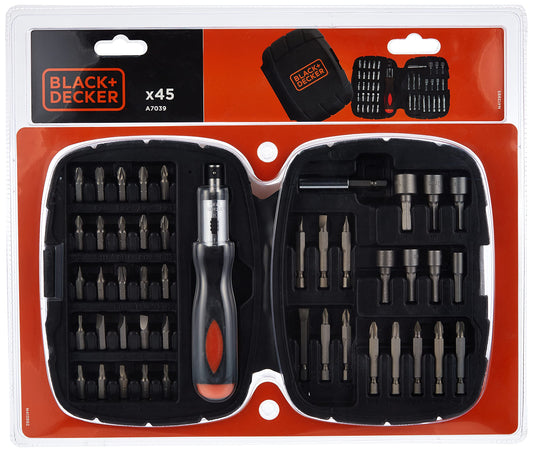 BLACK+DECKER A7039 Kit de destornillador de cararca con 45 piezas y funda de transporte