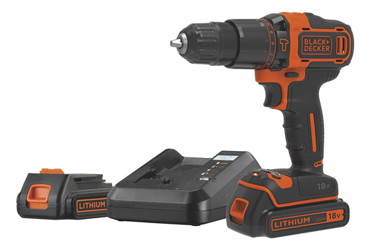BLACK+DECKER Taladro percutor 18V con 2 baterías de litio 2.0Ah, portabrocas 10mm, 2 velocidades, par máximo 40Nm, luz LED, empuñadura antideslizante, incluye maletín, BDCHD18K1B2
