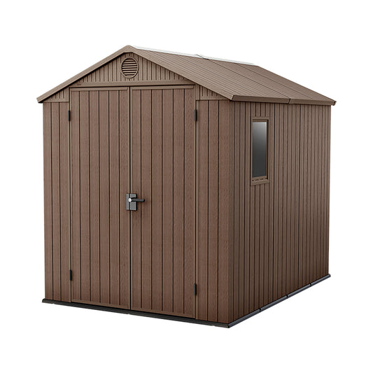Keter Darwin - Caseta de Jardin exterior almacenamiento (6 x 8, color marrón, dimensiones exteriores: 190 x 244 x 221 cm, sin mantenimiento, resistente a la intemperie, impermeable, con subsuelo)