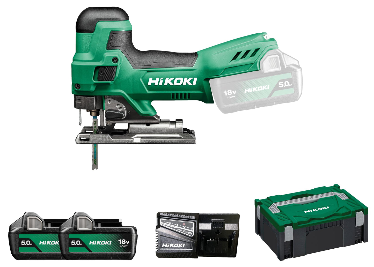 Hikoki CJ18DBWPZ - Sierra de calar de batería 18 V CJ18DB, 2 baterías 5,0 Ah y maletín HSC