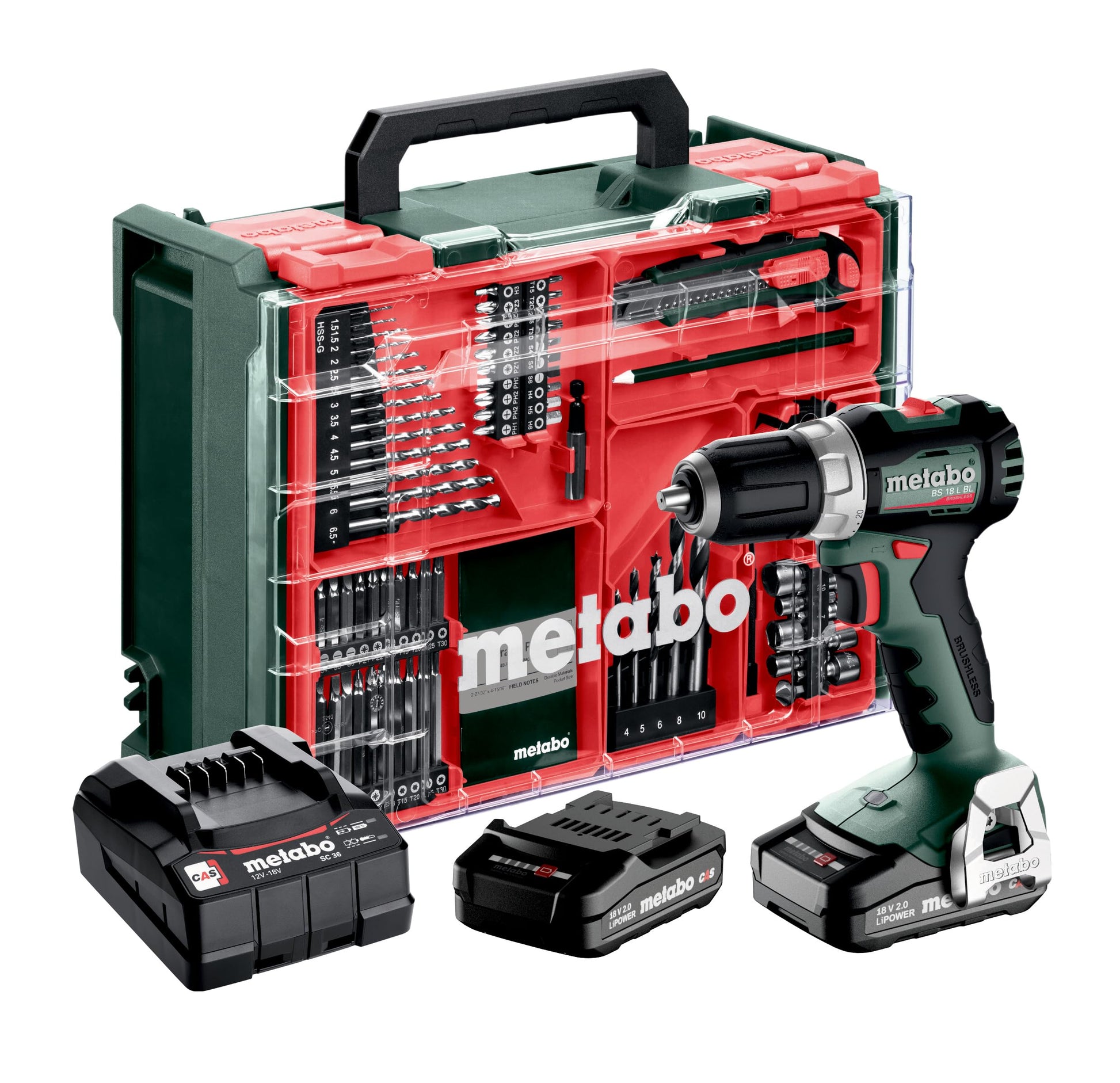 Metabo 613155710 - Taladro atornillador de batería 18V BS 18 L BL Set, 2 baterías 2,0 Ah, 74 accesorios