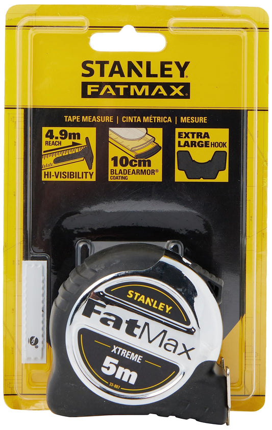 STANLEY FATMAX Flexometro Xtreme Blade Armor 5m x 32 mm, Funda XL Antichoque, Bloqueo de Cinta, Gancho Multienchufe de 3 Remaches, Revestimiento Blindado, Cinta Gruesa, 0-33-887