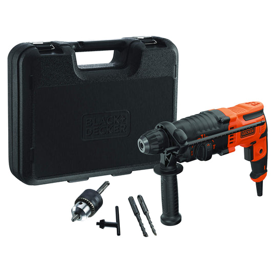 BLACK+DECKER Martillo SDS-Plus 650W, Combinados 3 Modos, 1.4J Energía Impacto, Velocidad variable 0-1600rpm, Incluye adaptador para brocas 1,5-13mm, empuñadura lateral y maletín, BEHS01K
