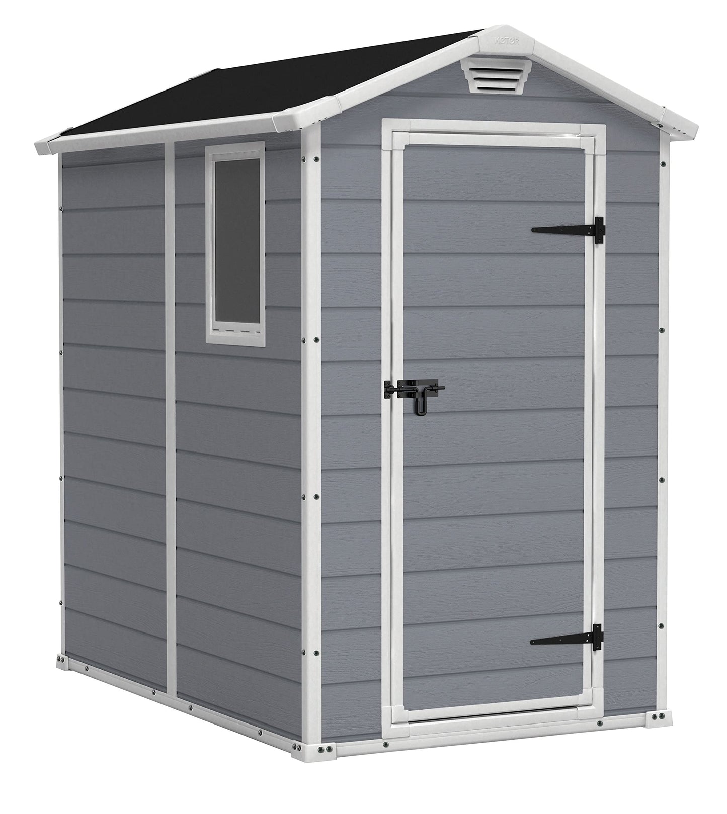 Keter Manor 4X6 - Caseta de jardín, 130x192x198cm y 2,2m2, Suelo, Sistema de ventilación, Puerta y Ventana, Resistente al Agua, Color Gris