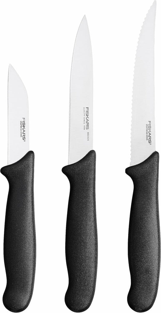 Fiskars Set de cuchillos de mondar, 3 piezas, Cuchillo de pelar, Cuchillo de mondar, Cuchillo para tomates, Essential, Acero inoxidable/Plástico PP, Negro, Essential, 1065584