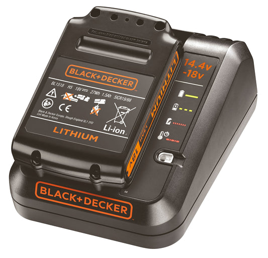 Black & Decker BDC1A15 Arrancador, cargador de 1 A, 18 V, batería de iones de litio de 1,5 Ah, para el sistema de 18 V, compatible con el de 14,4 V