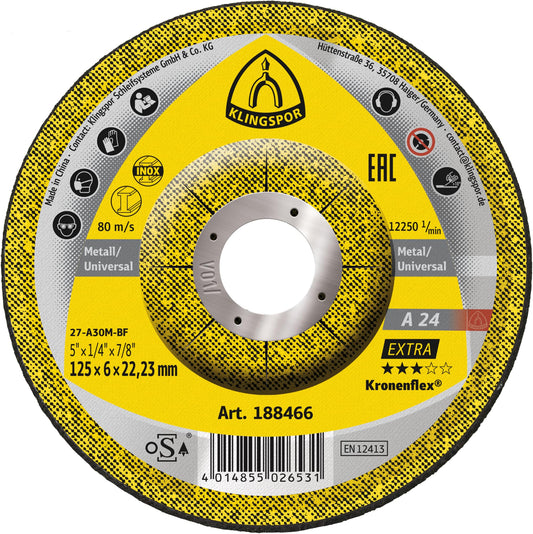 Klingspor 188466 - Disco de desbaste Kronenflex A 24 Extra acodado para metal, 125 x 6 x 22,23 mm