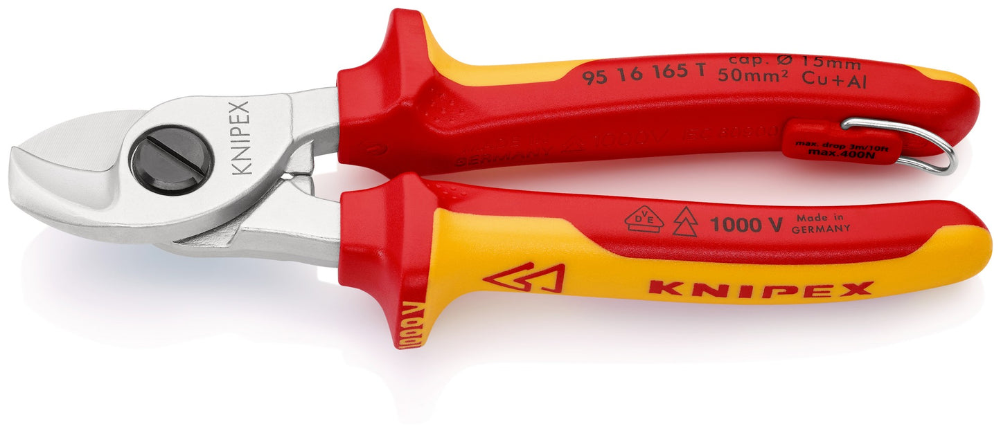 Knipex 95 16 165 T - Knipex VDE insulated cable cutter 165 mm. with two-component handles and anti-fall system