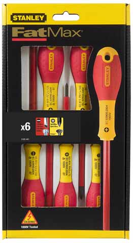 STANLEY FATMAX Juego de 6 Destornilladores Aislados, 3 Planos, 2 Phillips, 1 Test de Voltaje, Mango Bimateria Ergonómico, Aislamiento 1.000V a.c, Código de Color para Identificación, 0-65-441