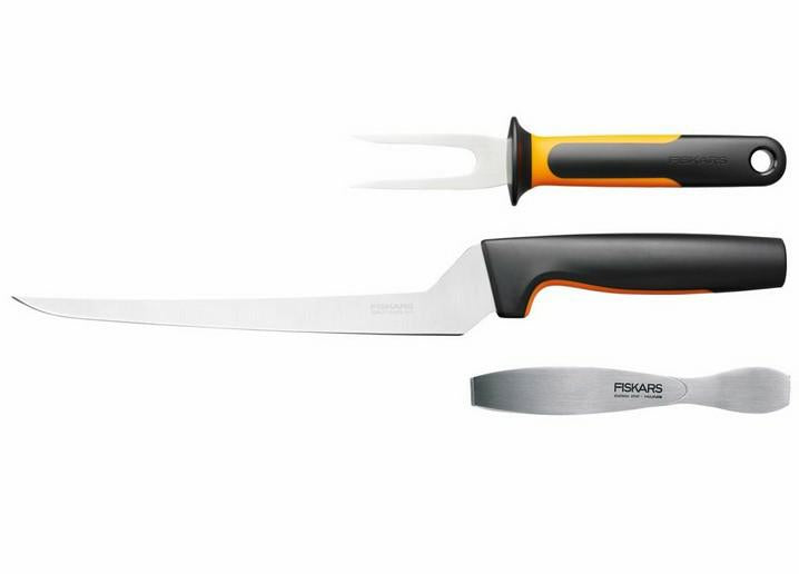 Fiskars Set de procesamiento de pescado, Functional Form, Incluye cuchillo para filetear, Brocheta de pescado y pinzas para espinas de pescado, Acero inoxidable japonés/plástico, 1057560