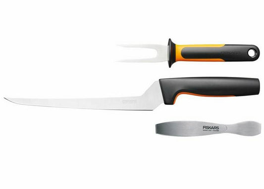 Fiskars Set de procesamiento de pescado, Functional Form, Incluye cuchillo para filetear, Brocheta de pescado y pinzas para espinas de pescado, Acero inoxidable japonés/plástico, 1057560