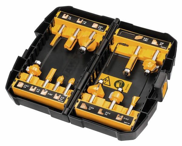 DeWALT DT90016-QZ - Juego de 12 3 Rectas, Recortadora, 2 Redondear, Hueca para Núcleos, Cortador de Cola de Milano, Ranura en V, Calar, Curva Doble, Fresa para Biselar, 0 W, 0 V