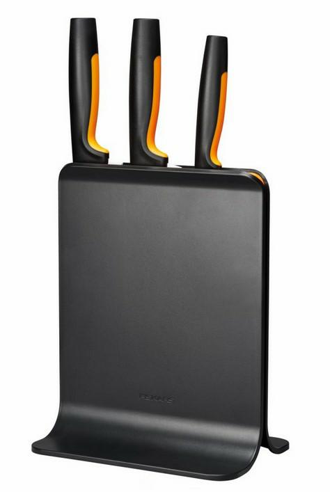 FISKARS Bloque para cuchillos de diseño con 3 cuchillos, Functional Form, Incluye Cuchillo para verduras, Cuchillo de chef Santoku y Cuchillo de cocina, Plástico, Negro, 1057555