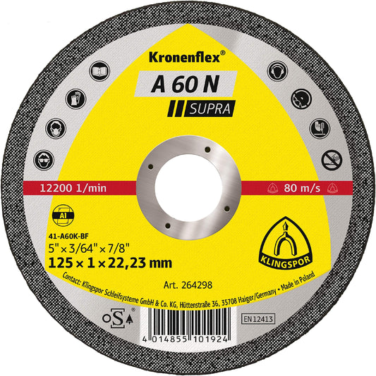 Klingspor 264298 - Disco de corte para aluminio A 60 N Supra, 125 x 1 x 22,23 mm
