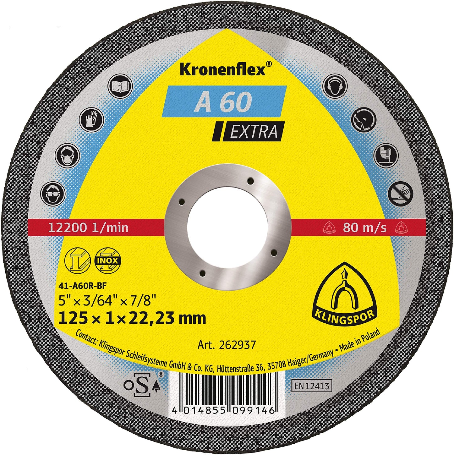 Klingspor 262936 - Disco de corte Kronenflex para metal A 60 Extra, 115 x 1 x 22,23 mm