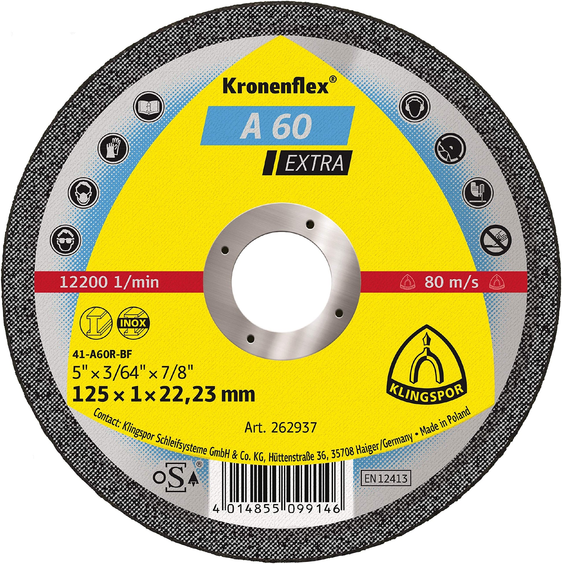 Klingspor 262937 - Disco de corte Kronenflex para metal A 60 Extra, 125 x 1 x 22,23 mm