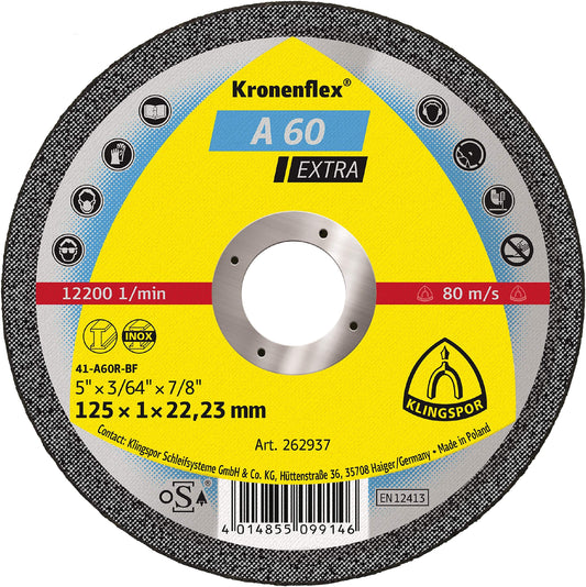 Klingspor 262937 - Disco de corte Kronenflex para metal A 60 Extra, 125 x 1 x 22,23 mm