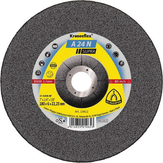 Klingspor 13412 - Disco de desbaste Kronenflex A 24 N Supra acodado para metal, 180 x 6 x 22,23 mm