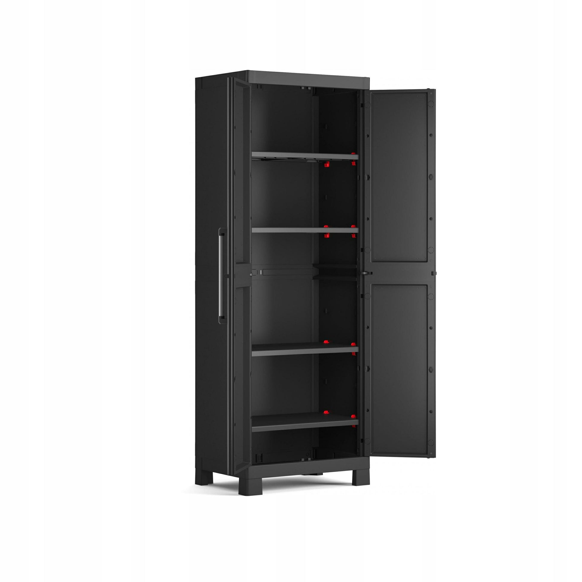 Keter Armario Detroit Escobero|Amario Escobero de almacenaje|Resina|2 Puertas y 4 baldas, 3 Regulables en Altura y 1 Fija|Color Negro|182 x 65 x 45 cm