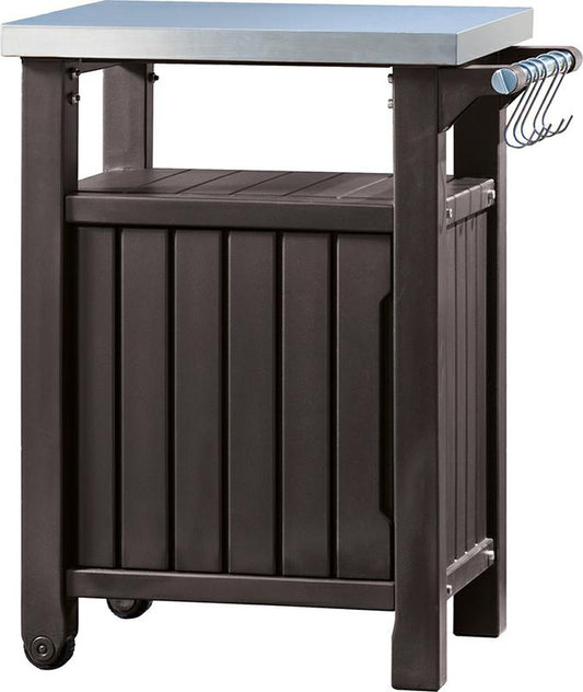 Keter Mueble Barbacoa pequeño para terraza o jardín exterior con Ruedas, Capacidad 105 litros, Color Marrón