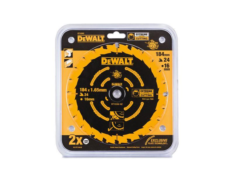 DEWALT DT10302-QZ - Hoja de sierra circular Elite, Diámetro de la hoja: 184/16 mm, Ancho de corte: 1,65 mm, 24 dientes, Ángulo de los dientes: 18°, Dientes de carburo ultra afilados, Nail Tough, Uso universal